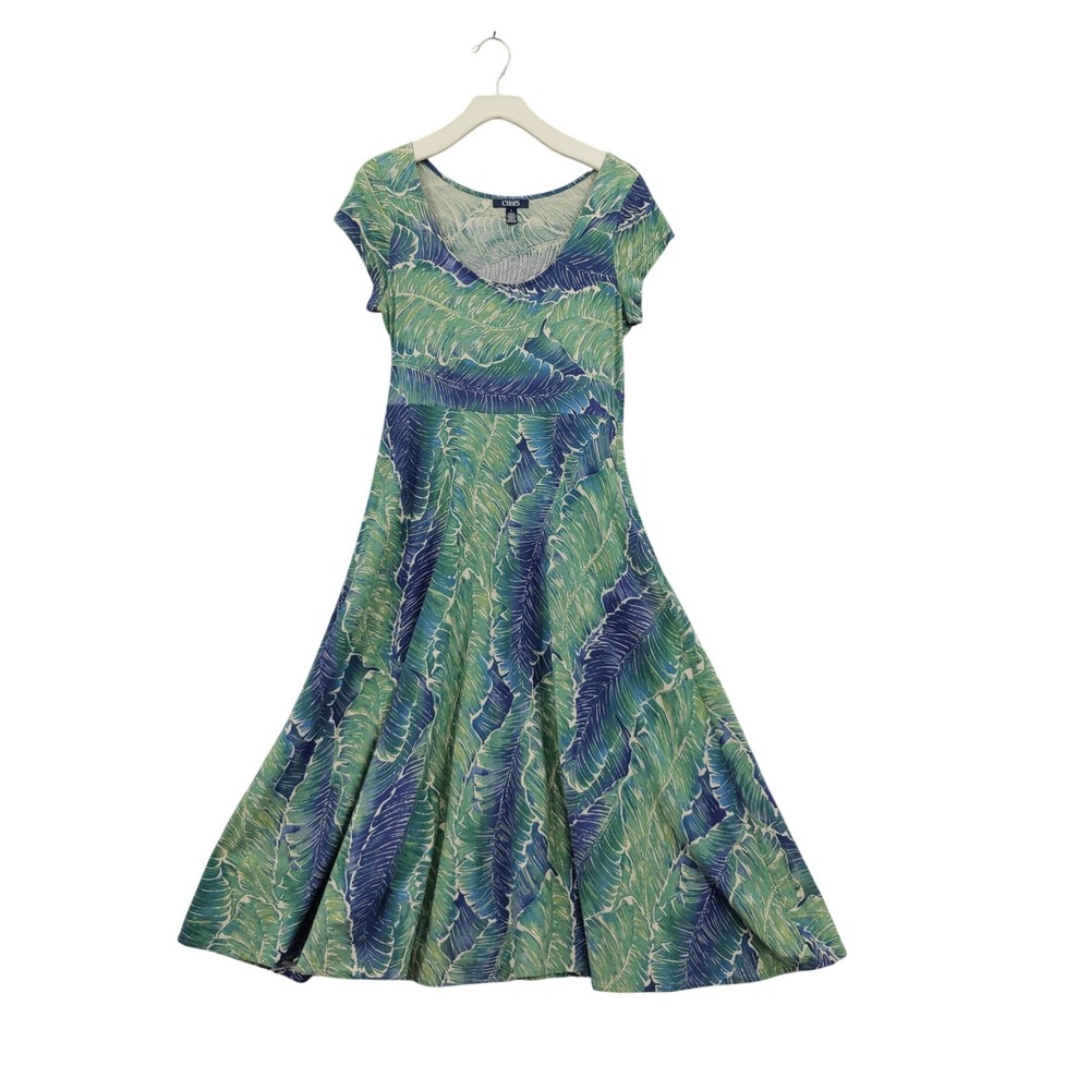 Chaps Womens Tropical Coastal Preppy Stretchy Fit Flare Dress M Green Blue Palm
